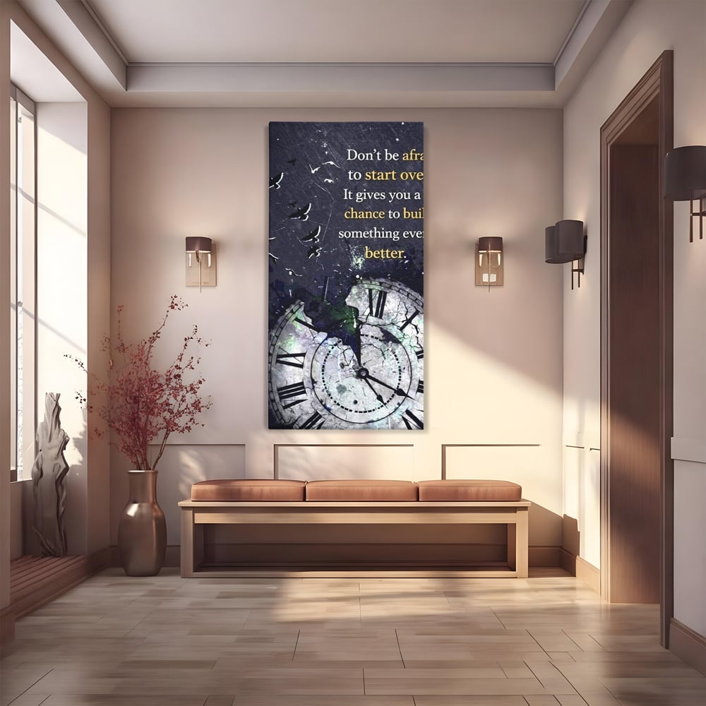 Tablou canvas cu tablou motivational cu ceas spart si pasarile zburatoare, fara rama, pe sasiu de lemn
